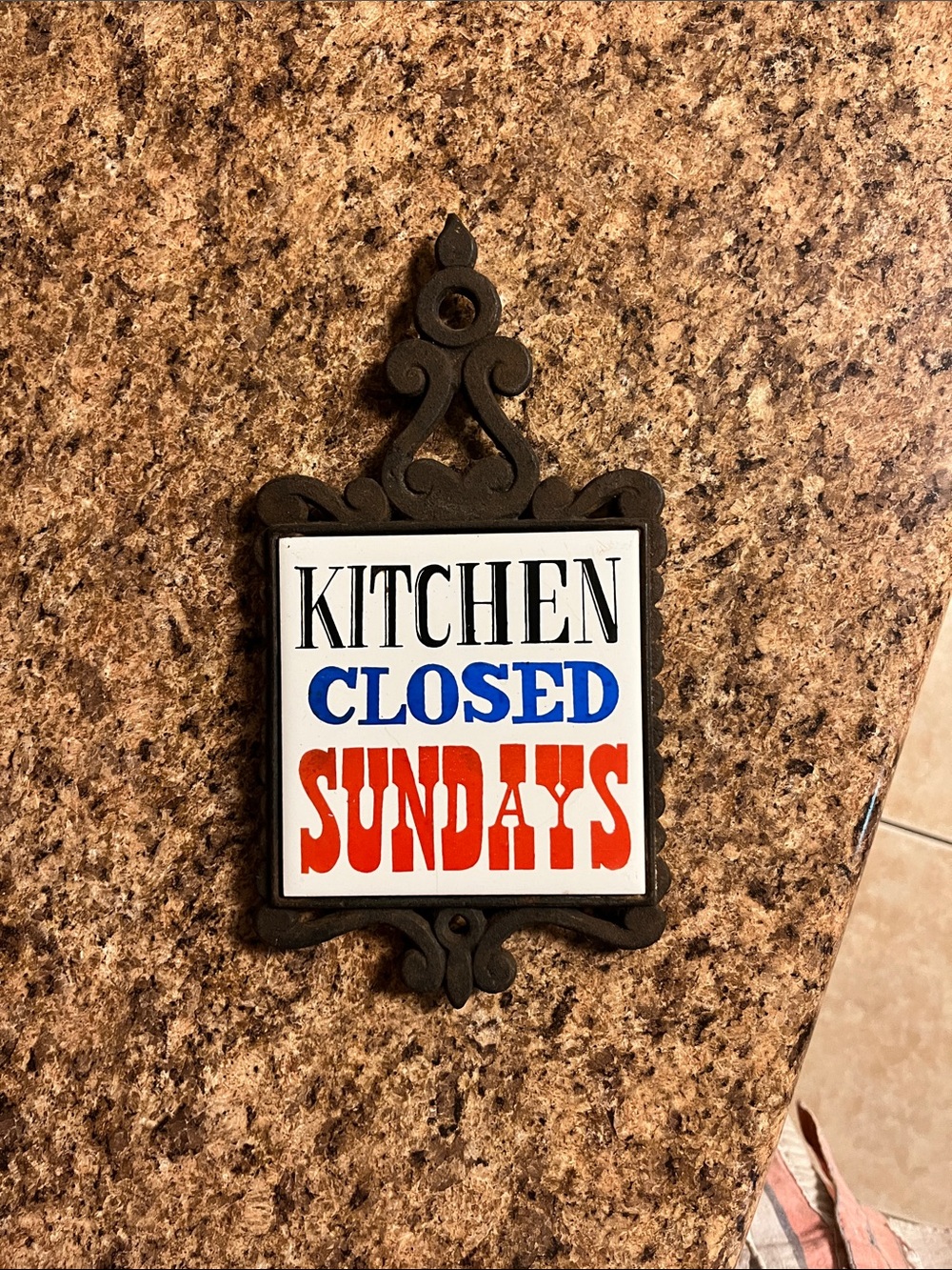 Kitchen Closed Sundays cast iron trivet